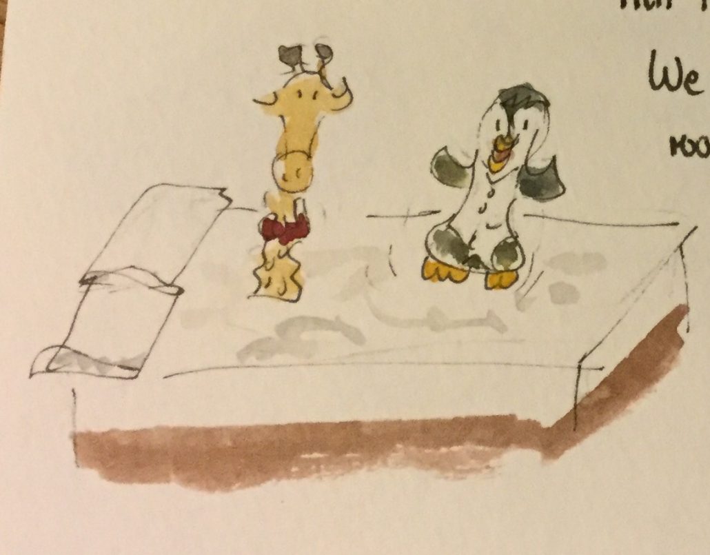 Mr G and Herb jumping on a bed